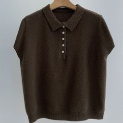 韓國女裝連線 - 翻領小釦羊毛混織短袖上衣-可可棕 (FREE)