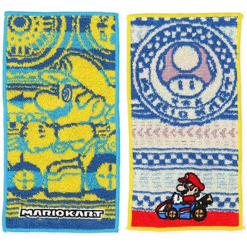 日本西松屋 - 純棉吸水擦手巾/手帕2件組-瑪利歐賽車-黃x藍 (10×20cm)