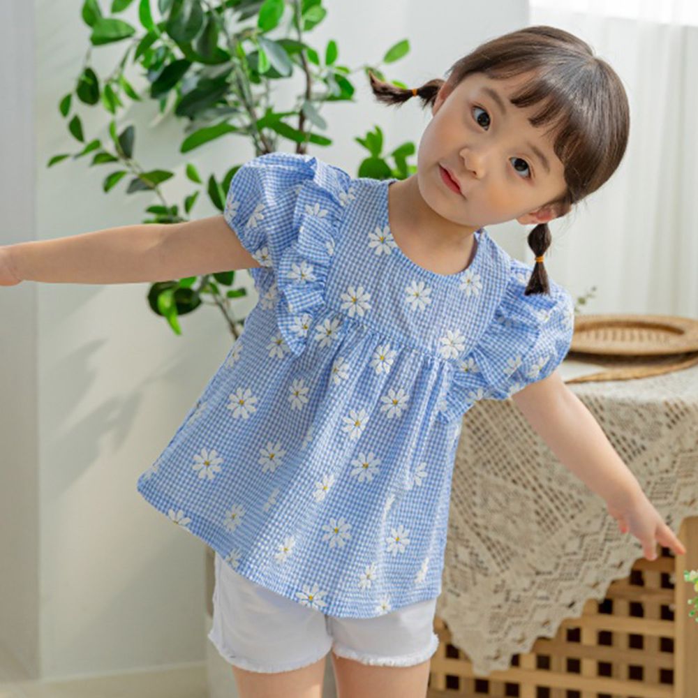 韓國 Orange Mom - 小雛菊格紋荷葉裝飾上衣-天藍