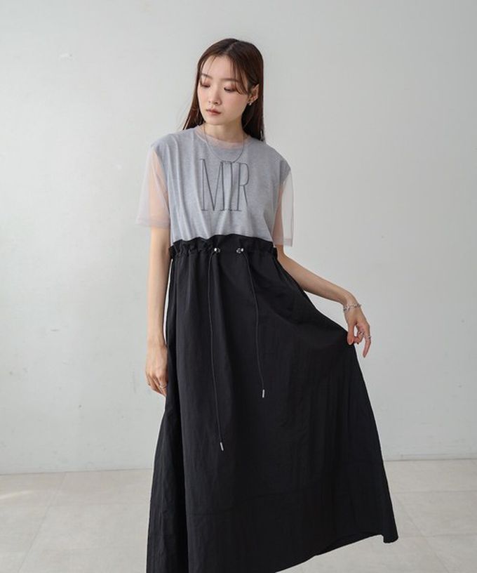 日本 Bab - 拼接層次感抽繩薄紗短袖洋裝-灰x黑