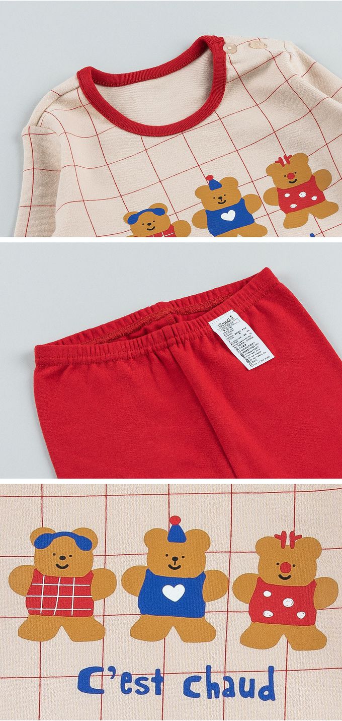 韓國 Cordi-i - 桃皮絨長袖家居服-聖誕格紋熊熊-米膚X紅