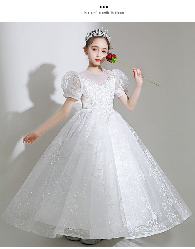 桃心V領公主泡泡五分袖網紗禮服-滿滿亮片-白色