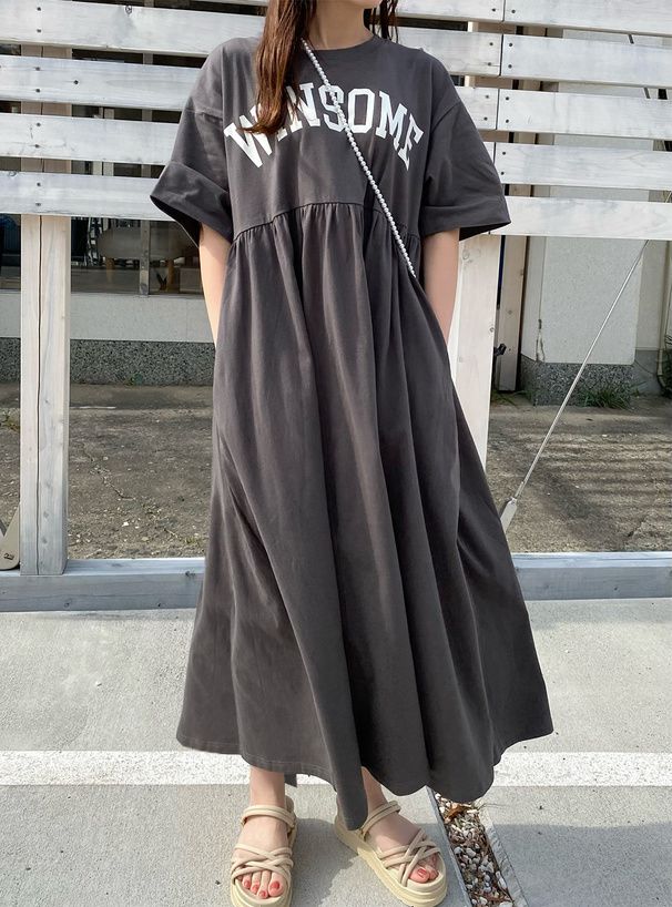 日本 GRL - 純棉美式休閒落肩短袖洋裝-石墨灰 (F)