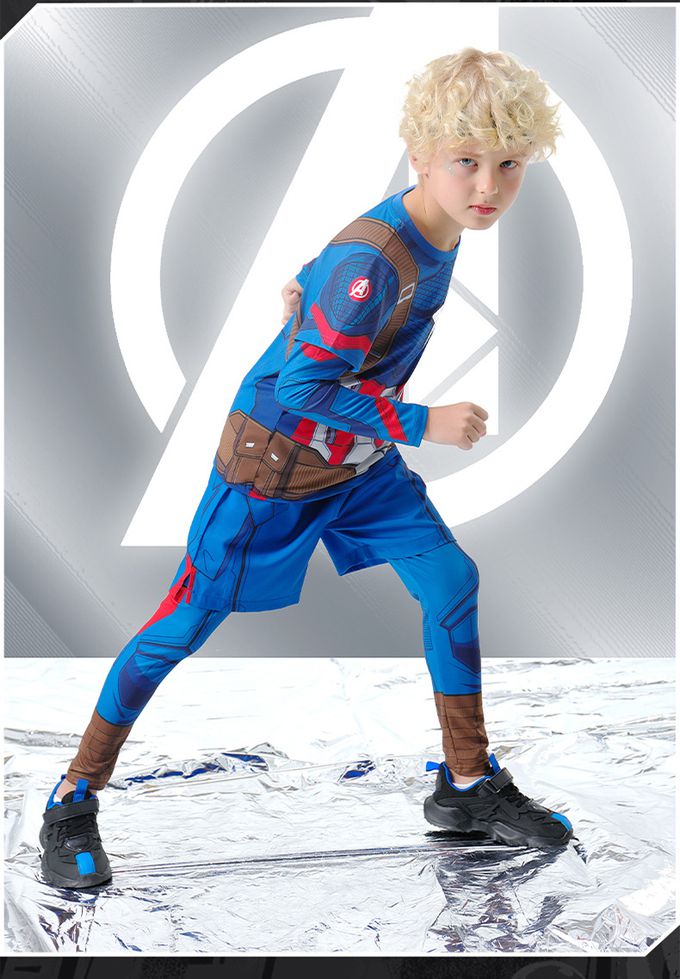 卡通造型假兩件運動套裝(送面具)-卡通人物美國隊長-藍色