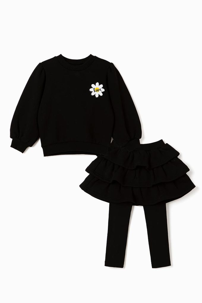 韓國 OZKIZ - 雛菊點綴層次內搭褲裙套裝-黑