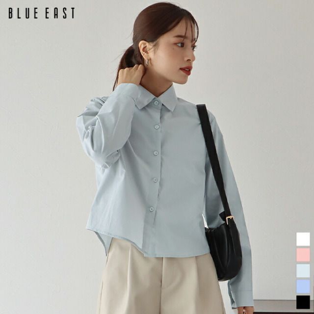 日本 BLUE EAST - 俐落短版翻領長袖襯衫-黑