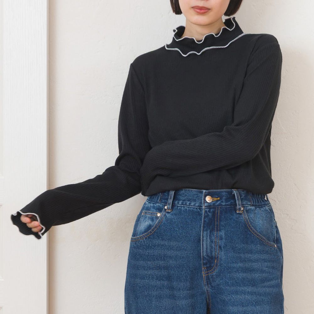 柔美木耳滾邊顯瘦高領長袖上衣-黑