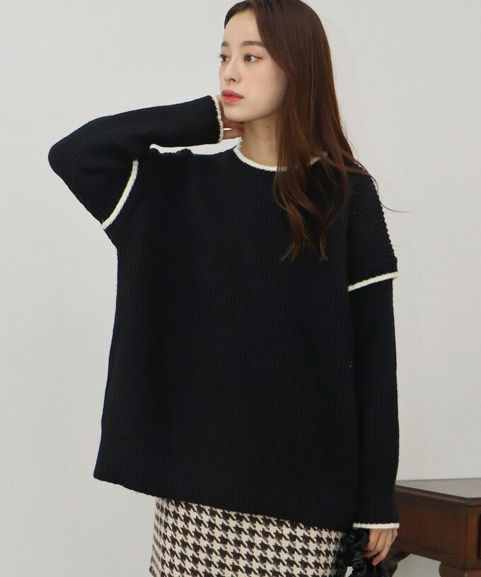 日本 BLUE EAST - 撞色滾邊落肩針織毛衣-米白