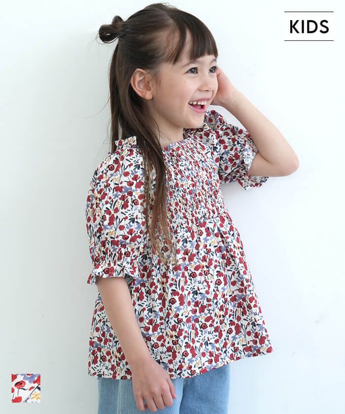 日本 COCA - 歐風碎花泡泡短袖上衣-孩子-洋紅