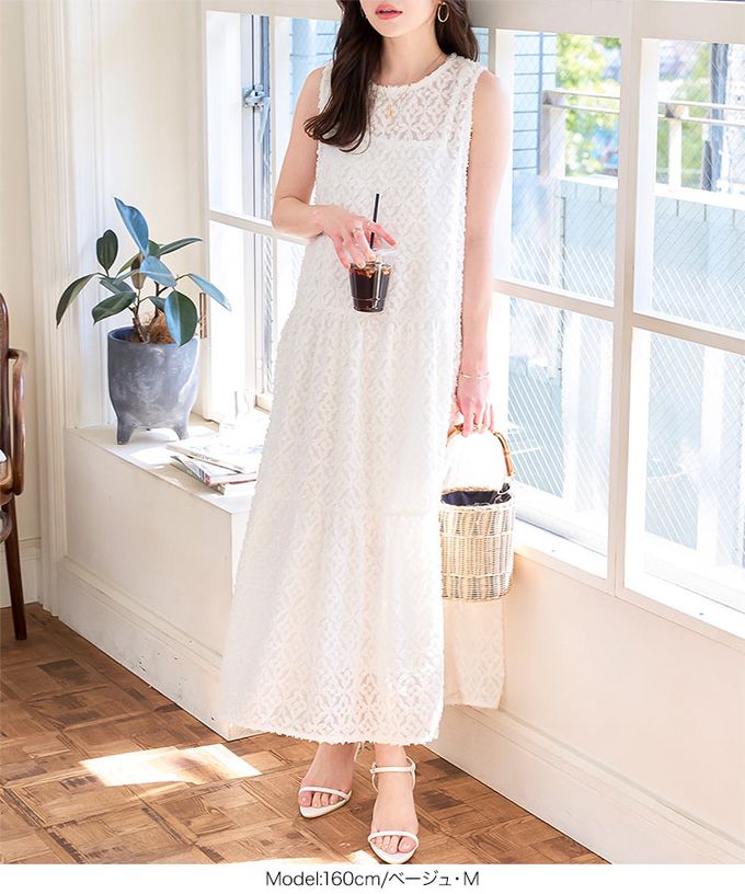 日本 Kobe Lettuce - 透膚感優雅緹花分層無袖洋裝(附內襯)-黑