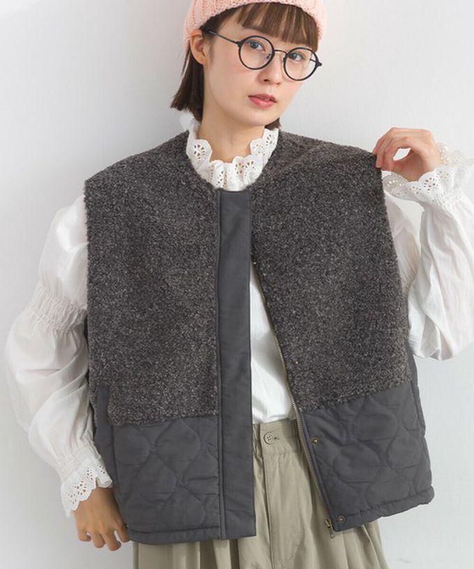 日本 Lupilien - 文青風異素材毛絨拼接保暖背心-炭灰