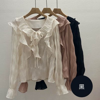 韓國女裝連線 - 迷人波浪荷葉翻領雪紡襯衫-黑 (FREE)