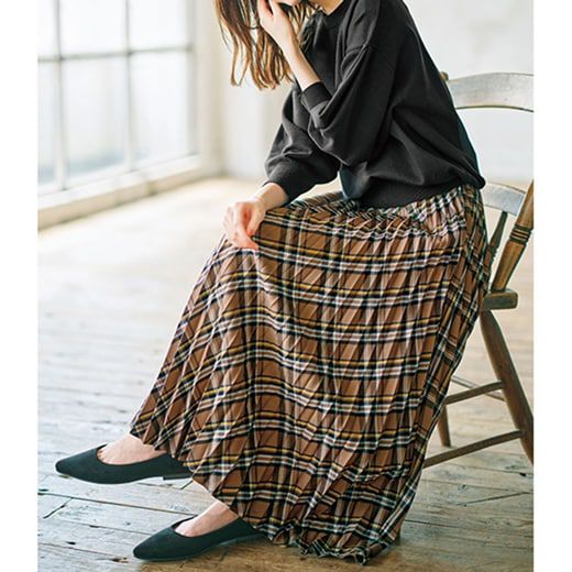 日本 BELLUNA - 學院氣質格紋百褶裙-卡其色系