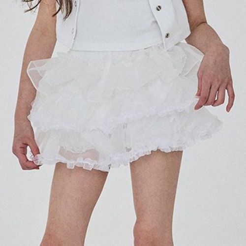 韓國 FORK CHIPS - 鬆緊腰層次蕾絲內搭褲短裙-白