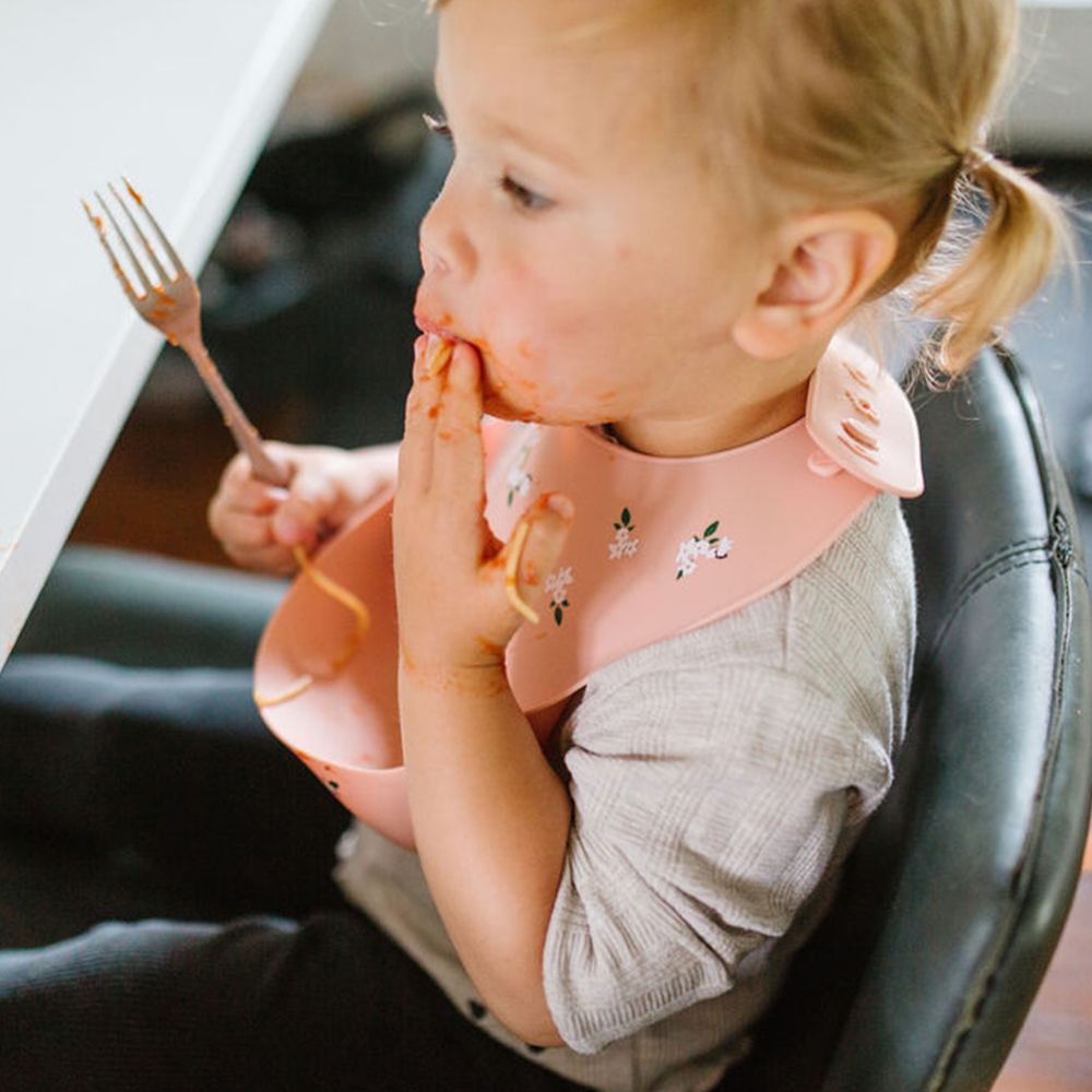 Loulou Lollipop - 寬口立體矽膠防漏圍兜/防水圍兜-浪漫小白花 (290x230x75mm)