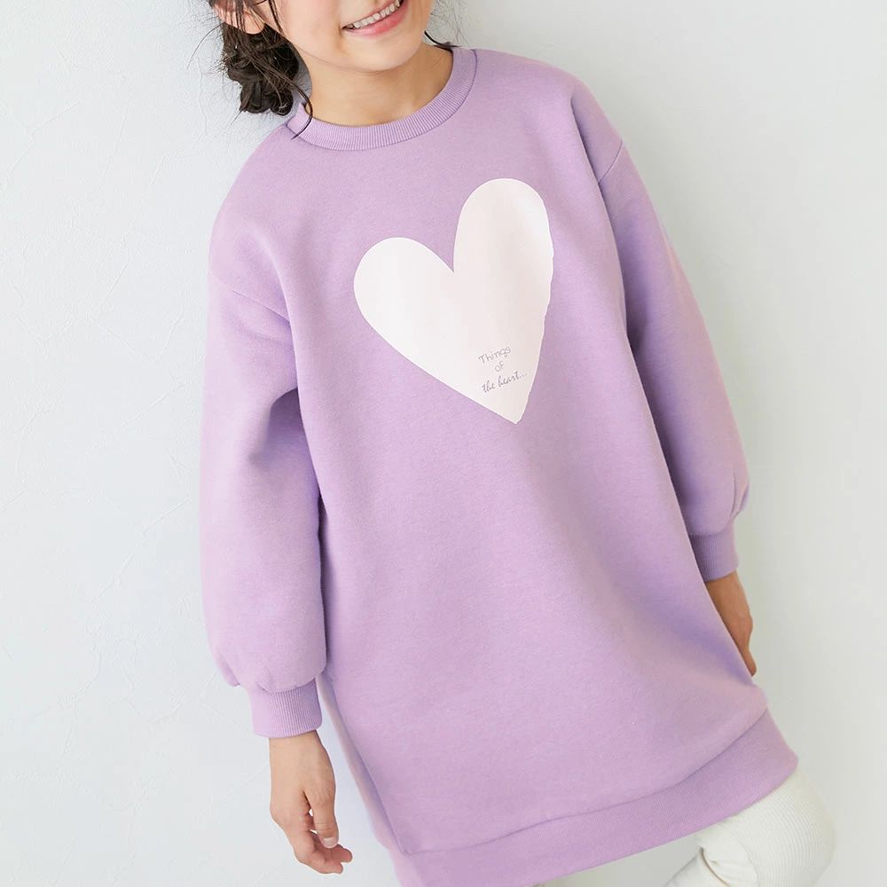 裏起毛落肩印花長袖洋裝-愛心-紫