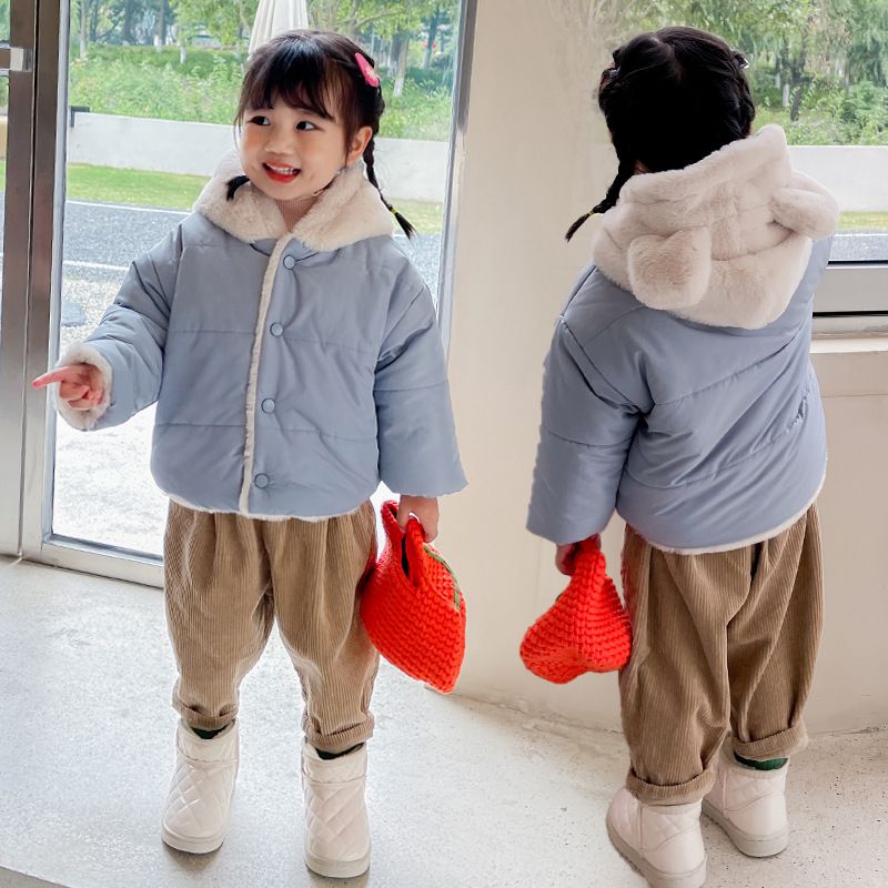 加絨加厚造型連帽鋪棉外套-毛茸茸熊熊-粉色