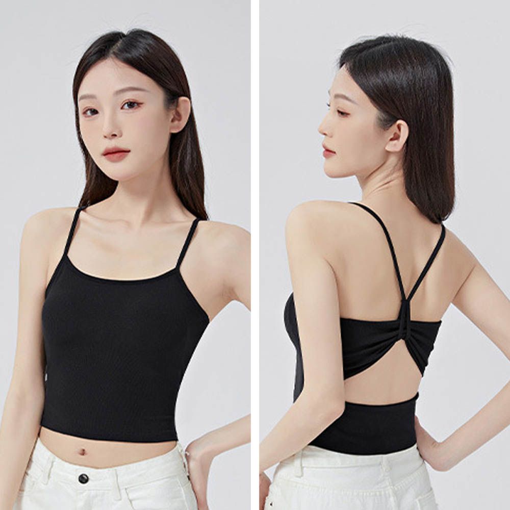 細肩帶簍空美背中短版BRA TOP/附罩杯上衣-黑色