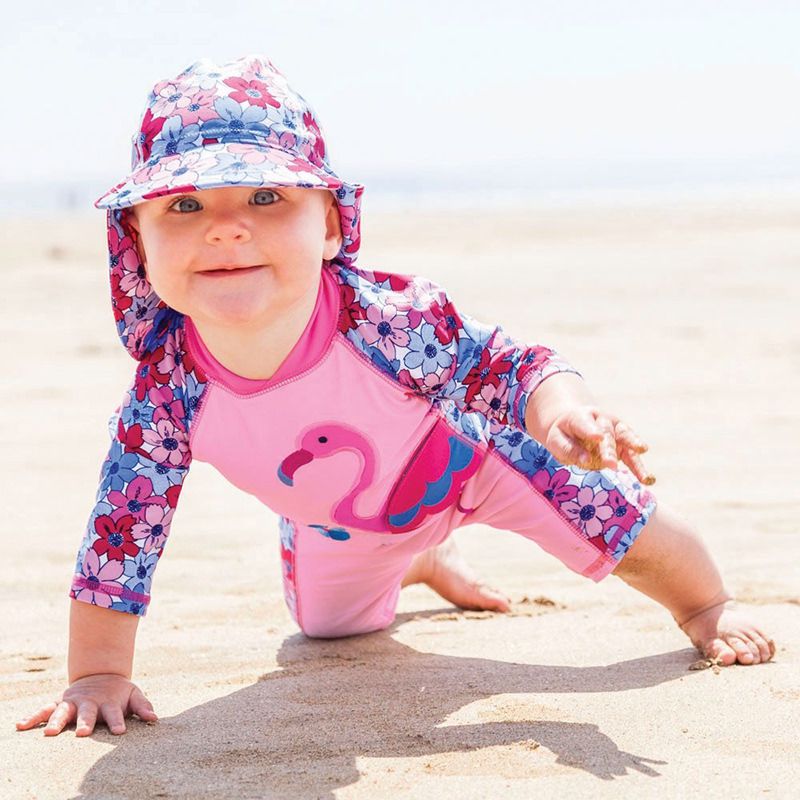 英國 JoJo Maman BeBe - 嬰幼兒/兒童泳裝戲水UPF50+防曬護頸遮陽帽-粉紫花卉