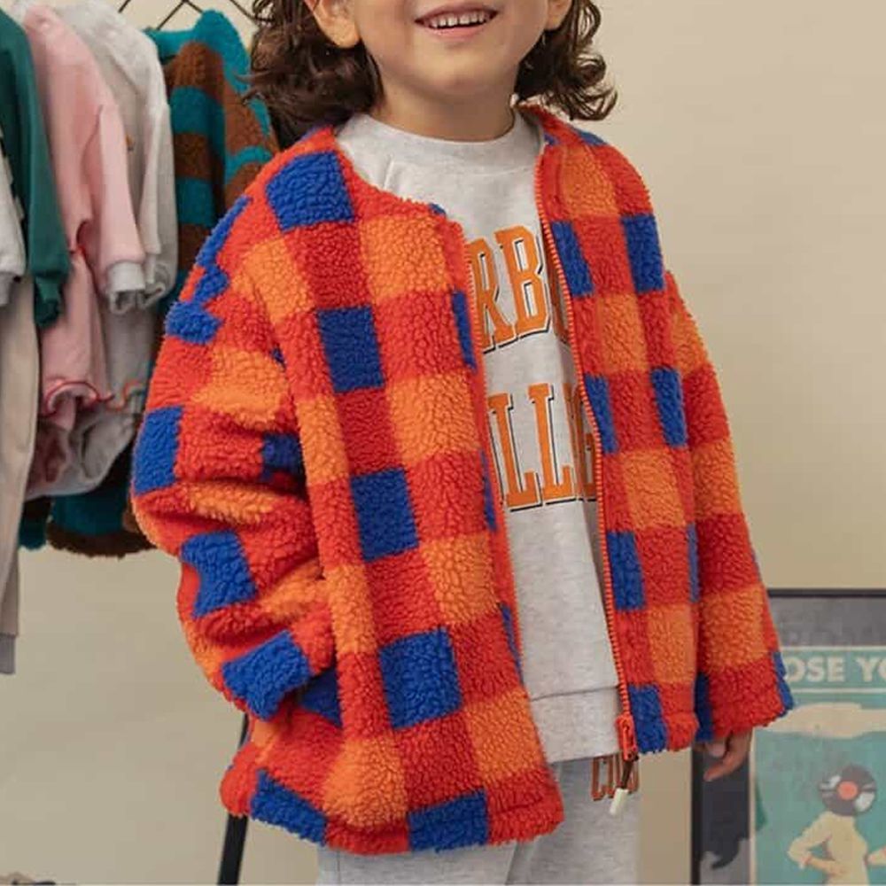 繽紛印花毛毛保暖外套-格子-橘X藍