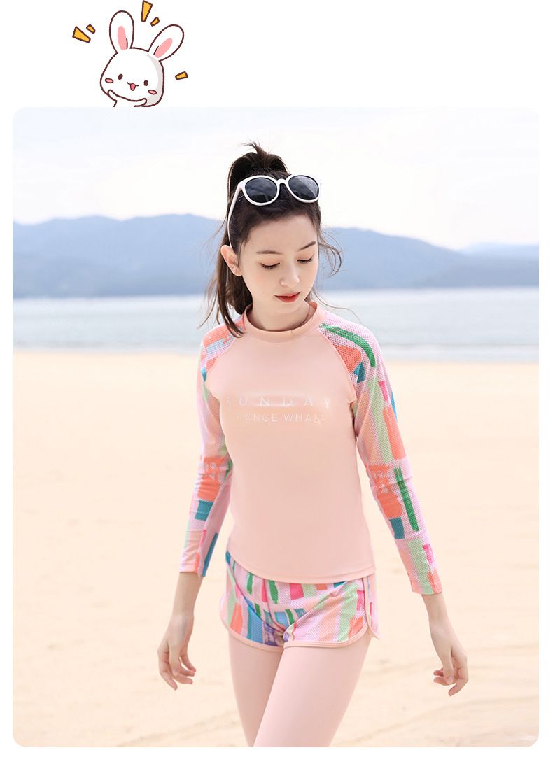 大童女孩速乾長袖泳衣套裝(三件組)-繽紛幾何-藍色-泳衣、長泳褲、短泳褲