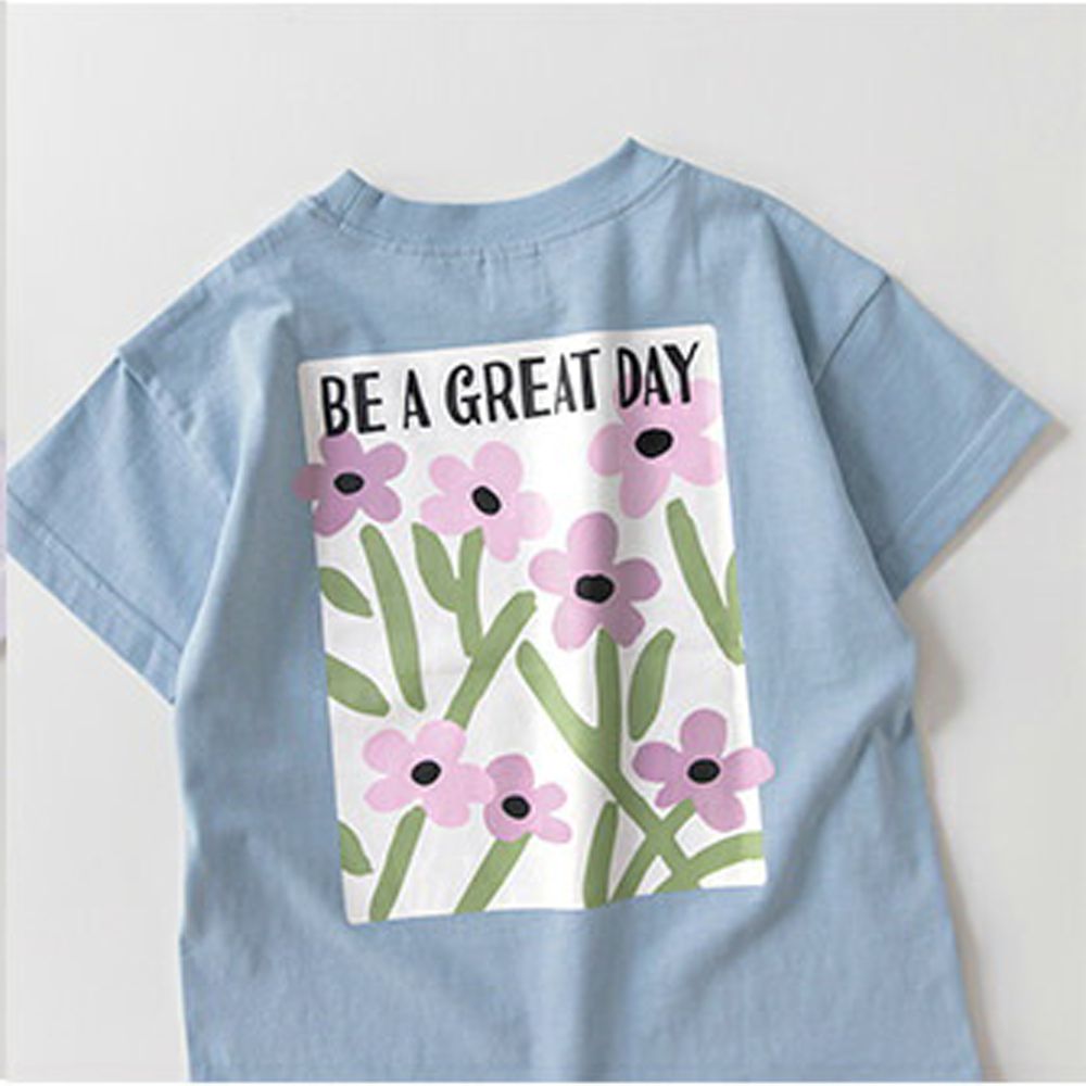 天竺棉甜美印花短袖上衣-花朵們-藍