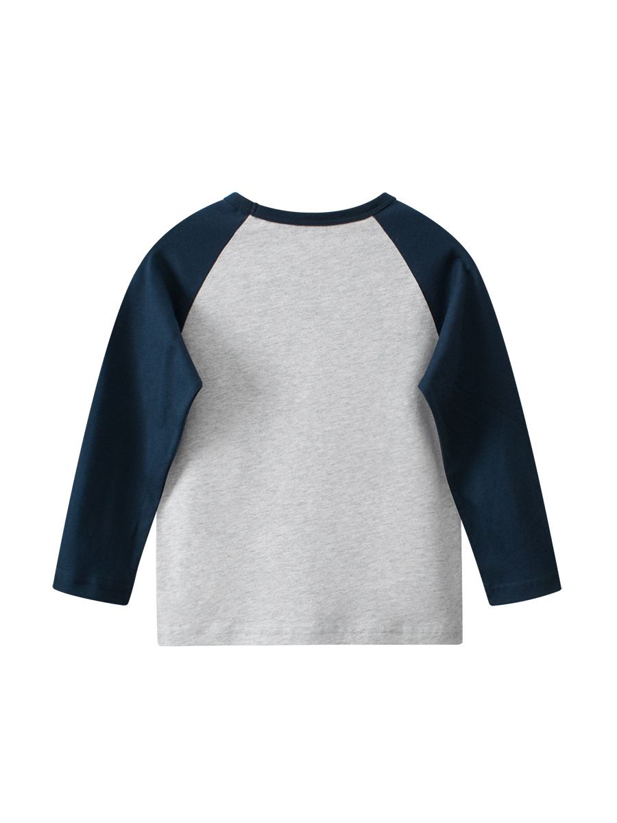 純棉圓領薄長袖上衣-熊熊臉-深藍+灰