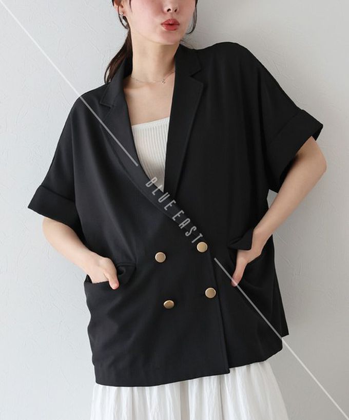 日本 BLUE EAST - 亞麻感氣質金釦短袖西裝外套-黑