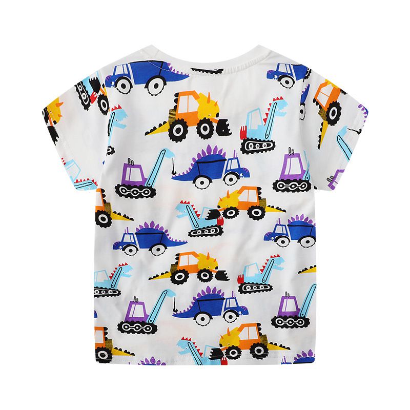 Jumping meters - 棉質圓領短袖上衣-恐龍工程車-白色