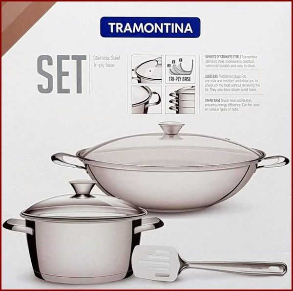 TRAMONTINA - 巴西百年品牌316不鏽鋼健康鍋具三件組 (34cm炒鍋附蓋+20cm湯鍋附蓋+不鏽鋼鍋鏟)