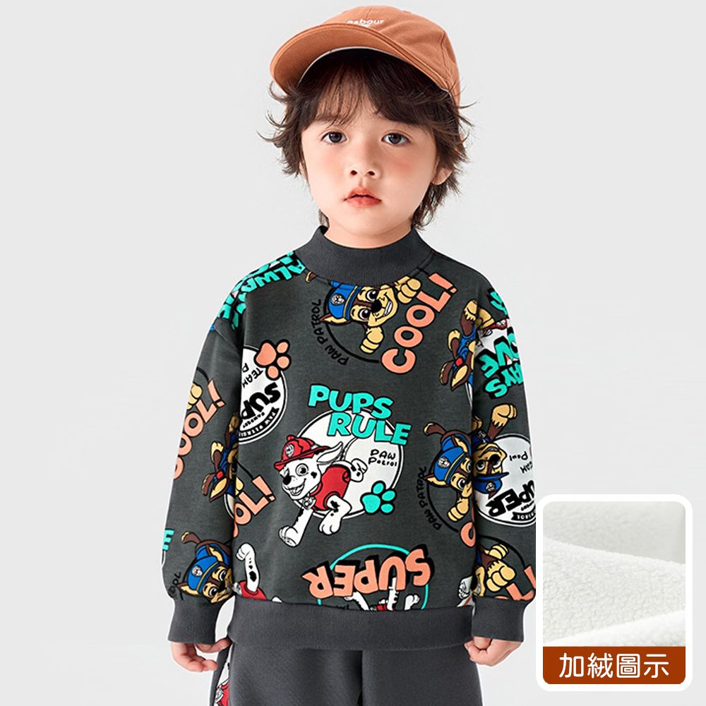 卡通汪汪隊加絨半高領假兩件長袖上衣-滿版印花-深灰