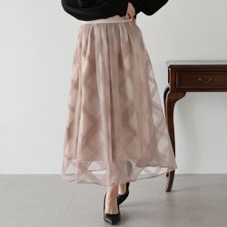 日本 BLUE EAST - 華麗雙層薄紗魅力長裙(可選長度)-格紋-淺卡其 (long)