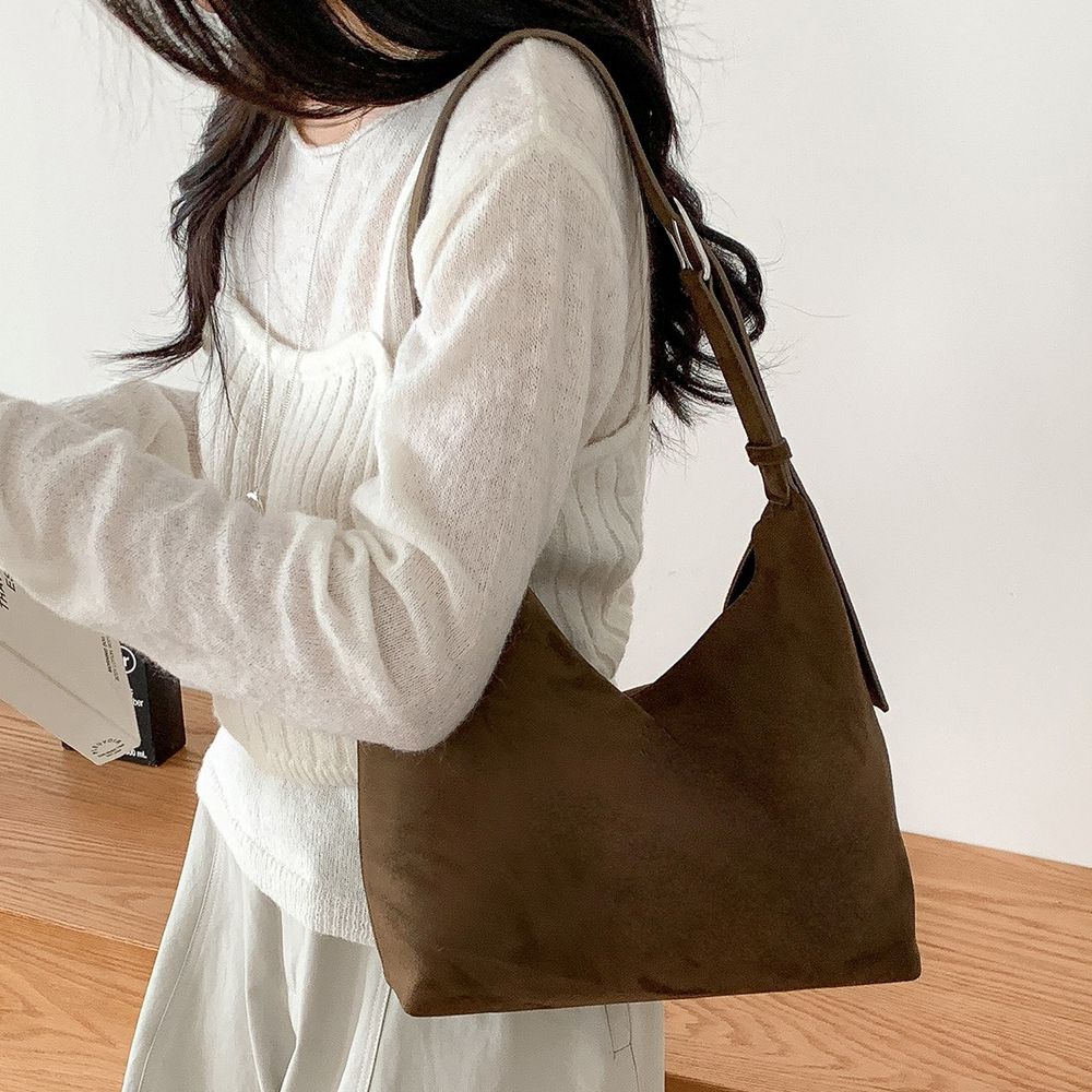 韓系小眾復古時尚單肩方包-麂皮款-土綠