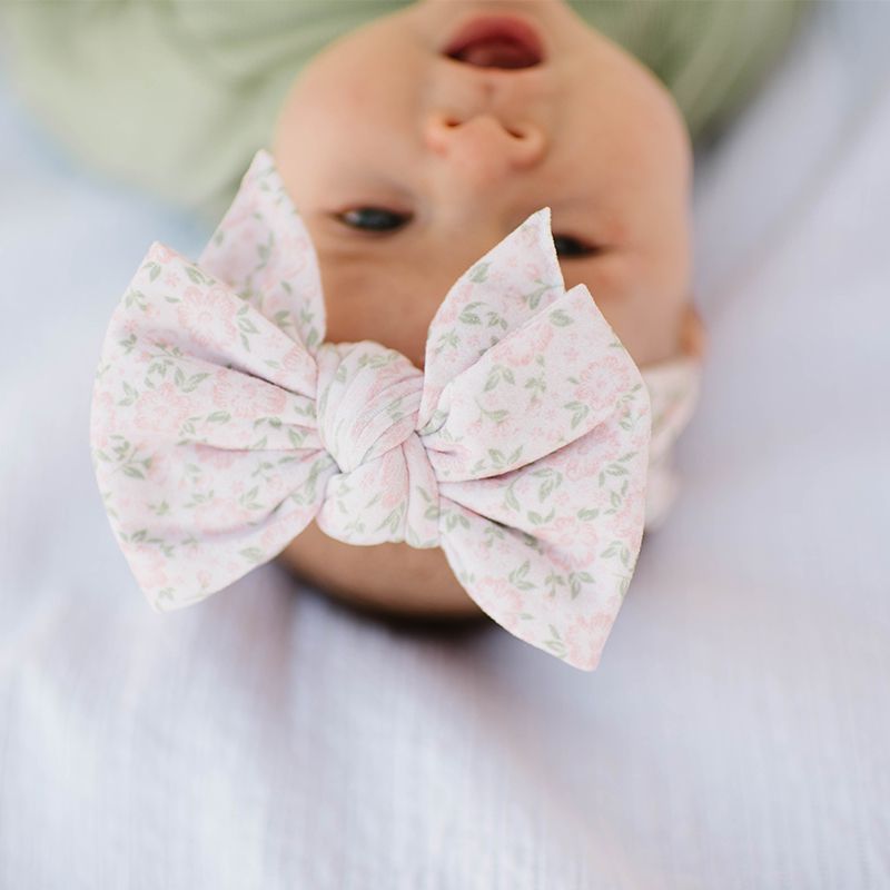 美國baby bling - 純手工超彈/極細緻輕柔/無束縛感蝴蝶結髮帶/髮飾_印花款-粉色波斯菊 (0-5歲適用)