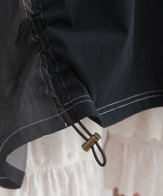 日本 Lupilien - 異素材花朵拼布清新五分袖洋裝-黑