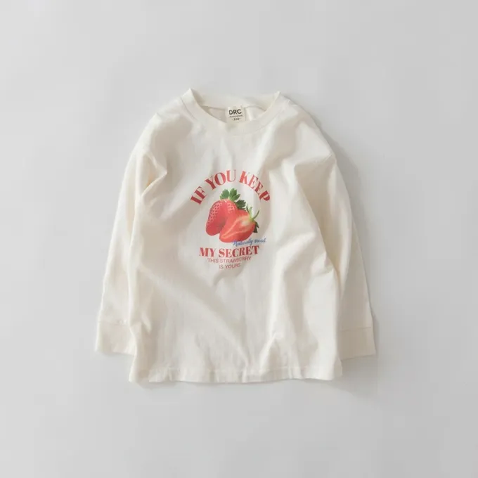 日本 BRANSHES - 100%棉 美味季節印花長袖上衣-鮮艷草莓-粉紅