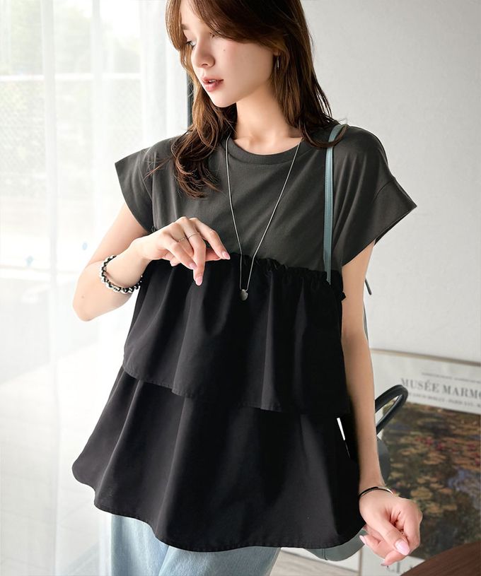 日本 Classical Elf - 浪漫不對稱拼接荷葉短袖上衣-炭灰