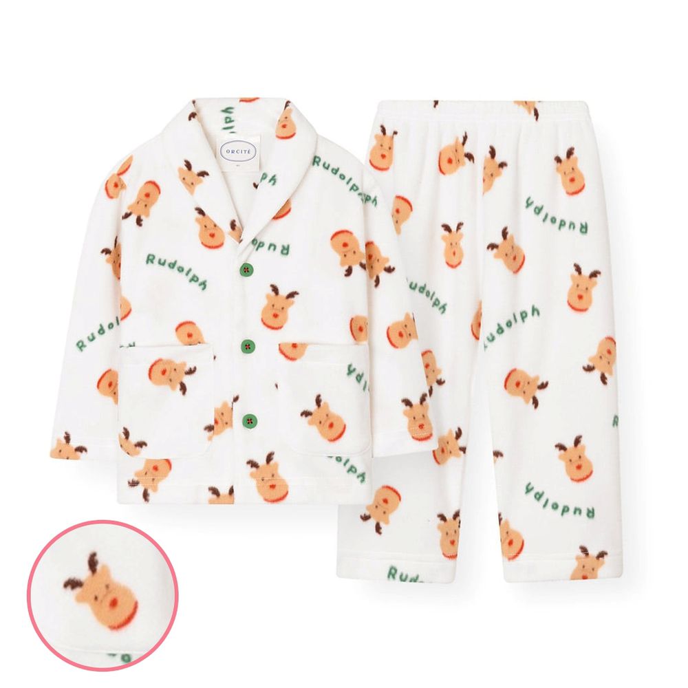 (男女寶適穿)輕柔彈保暖搖粒絨長袖睡衣套裝-可愛馴鹿-白
