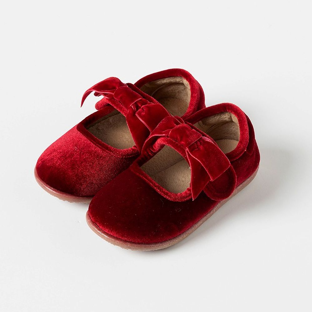 (內刷毛)光澤絨面蝴蝶結彈力底瑪莉珍鞋-紅