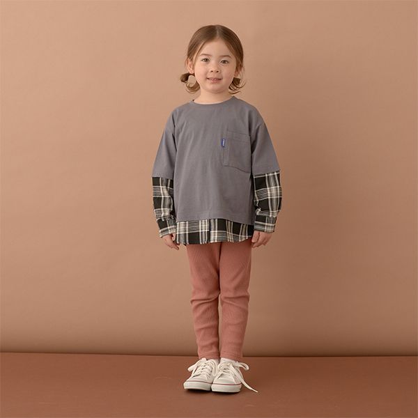 日本 b-ROOM - 假二件寬版大口袋長袖上衣-海軍藍x灰格紋