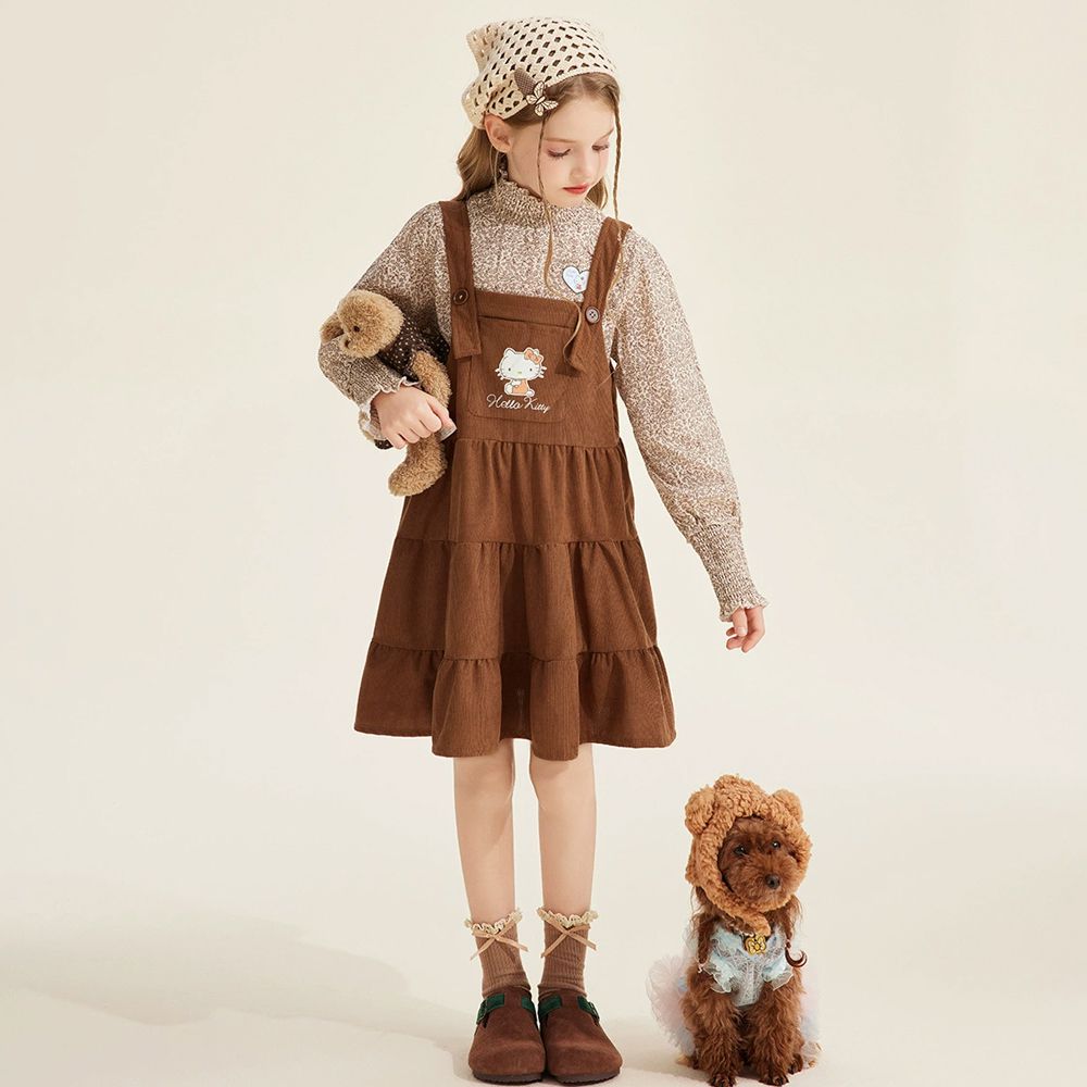 燈芯絨蛋糕吊帶洋裝(附內搭)-卡通人物Hello Kitty-棕色