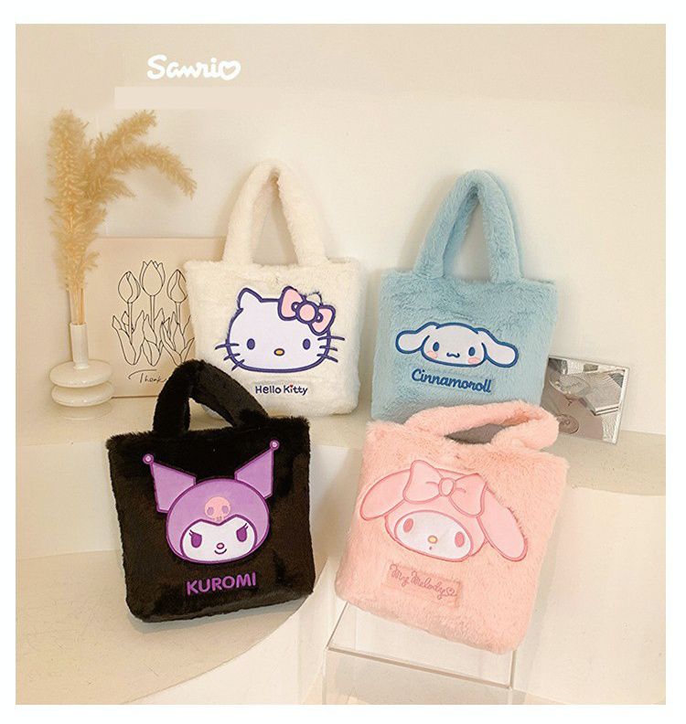 卡通毛茸茸大容量手提袋-卡通人物Hello Kitty-白色 (30x10x(27+17)cm)