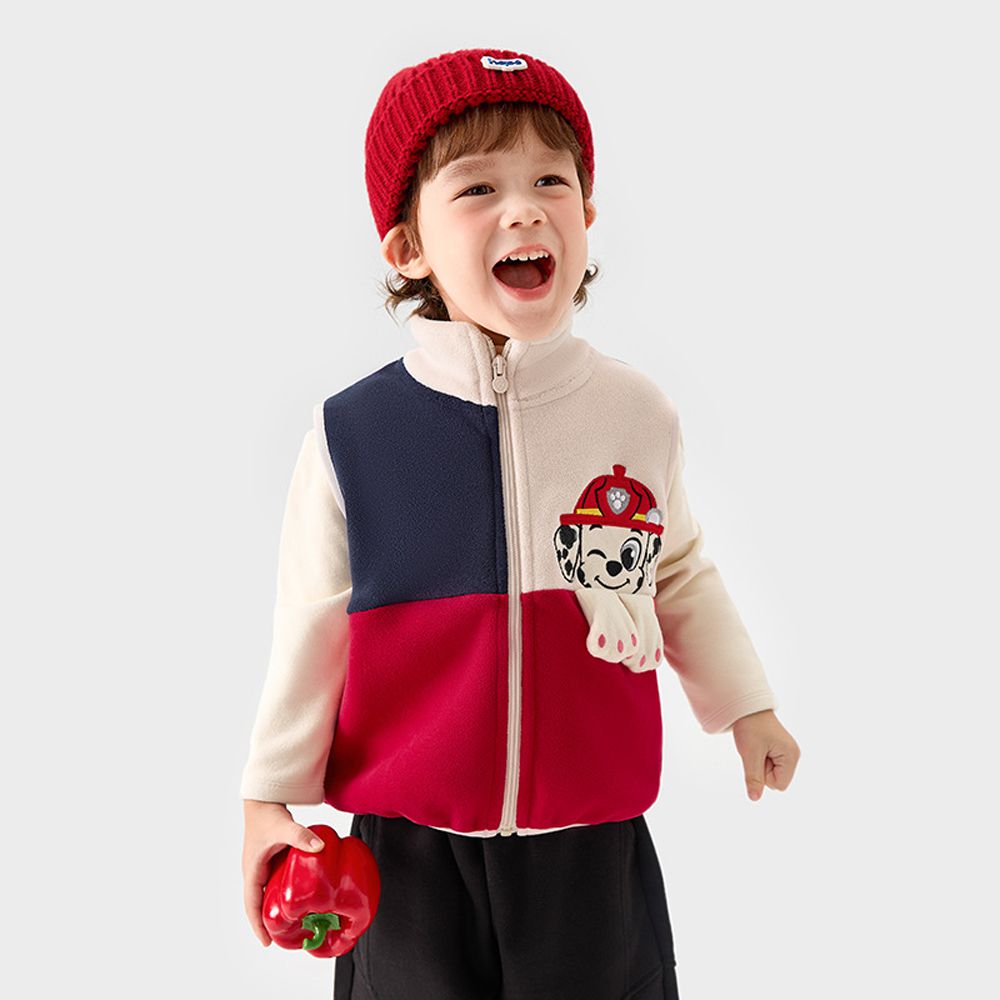 卡通汪汪隊立體造型加絨高領背心-卡通人物毛毛-拼色紅