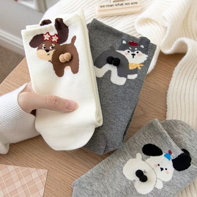 胖嘟嘟立體毛球狗狗中筒棉襪