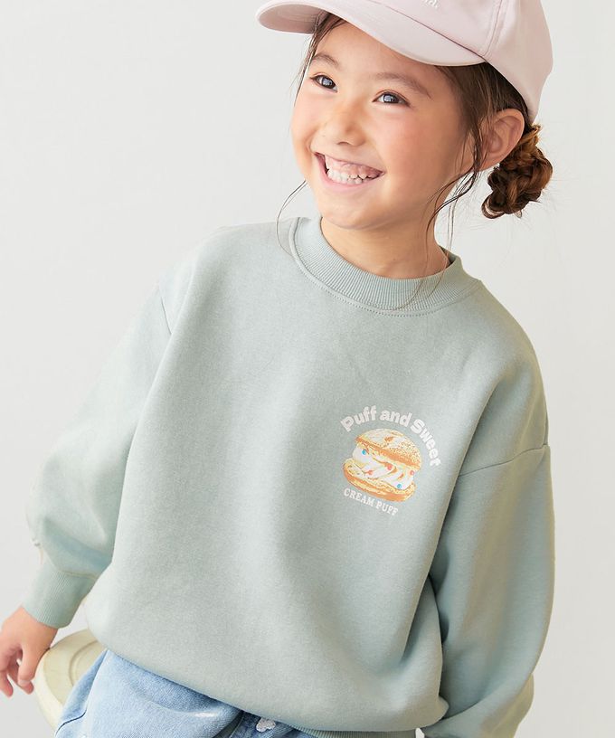 日本 devirock - 裏起毛女孩印花大學T-泡芙-薄荷綠