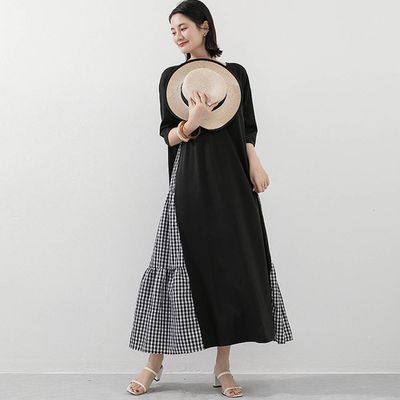 Yukié - 氣質顯瘦A字五分袖長洋裝-側拼接格子-黑色