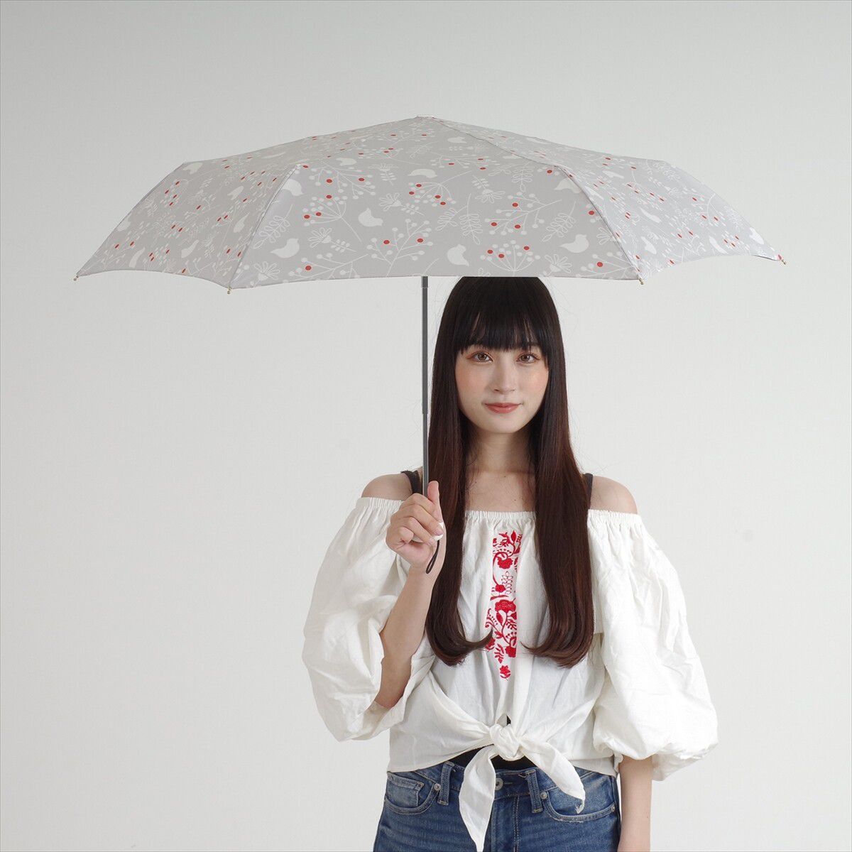 日本 nifty colors - 抗UV輕量 晴雨兩用折疊傘-木之實-灰藍 (直徑88cm/202g)-80.00%