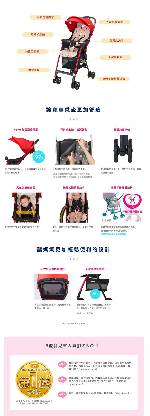 日本 Aprica 推車 TOP 4 ► 超人氣英倫風推車，輕量 3.3 kg，52cm 挑高推車座椅，寶寶更舒適