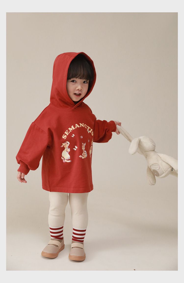 連帽寬鬆長袖帽T-可愛兔兔-紅色