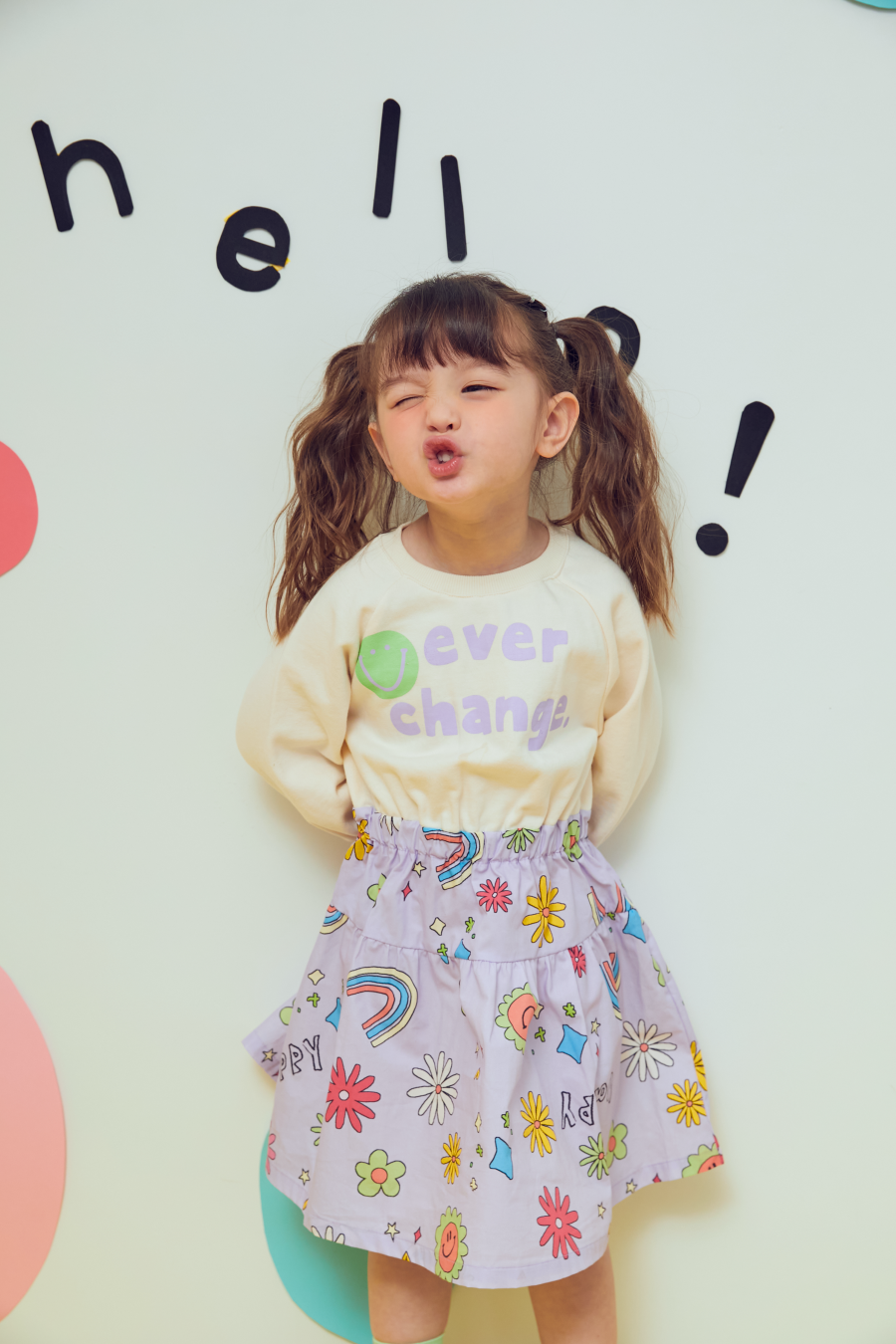 韓國 MINIATURE - 彩虹雛菊拼接縮腰洋裝-奶油白